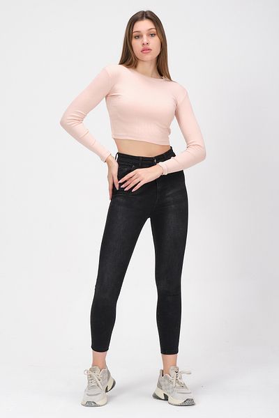 PUNKY CAT Women's Dusty Rose Long Sleeve Corded Blouse Crop Knitted T-Shirt