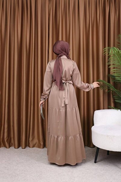 NevaMar Satin Dress with Stone Sleeves and Collar