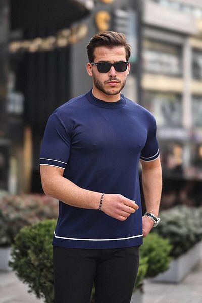 Pobudo Navy Blue Knitwear Summer Men's T-Shirt