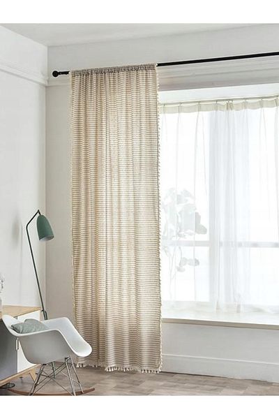 Perdeplus Linen Bohemian Style Tasseled Design Striped Background Curtain