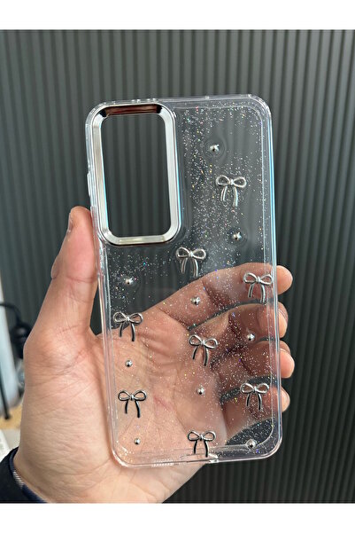 m.tk moveteck Samsung Galaxy A55 Uyumlu Fiyonk Desenli Şeffaf Kılıf Simli Darbeye Karşı Dayanıklı Papyon Kapak