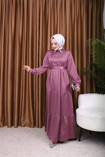 NevaMar Satin Dress with Stone Sleeves and Collar