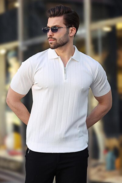 Madmext Tricou alb pentru bărbați cu gât polo cu fermoar E7298