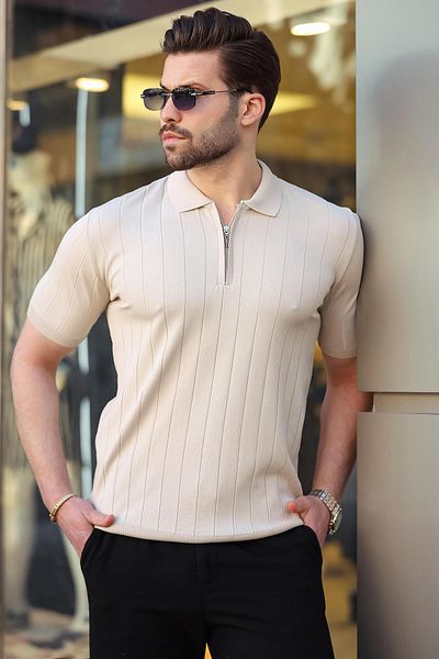Madmext Pánské tričko Polo Neck na zip v barvě kamene E7298