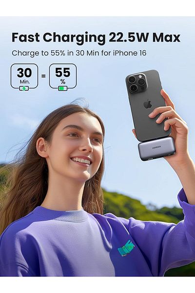 Ugreen Mini Power Bank for iPhone, Foldable Kickstand, Built-in USB-C Connector, 5000mAh, 22.5W 2 Ports