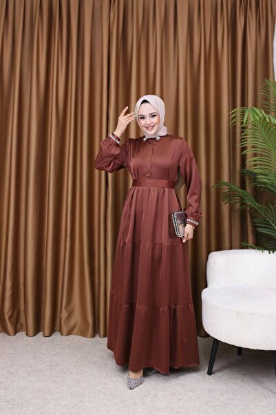 NevaMar Satin Dress with Stone Sleeves and Collar