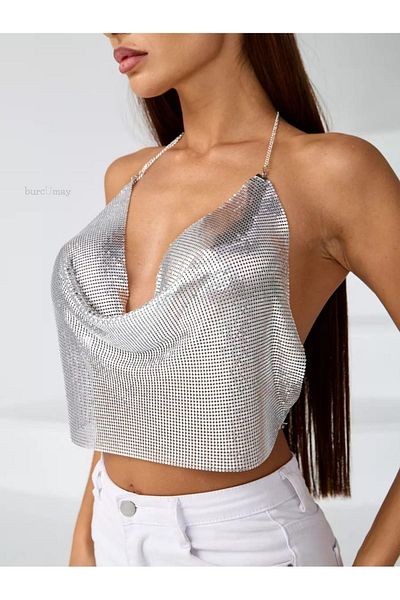 Burcumay Gray Silver Shiny Stone Mini Crop Top Blouse Armor with Chain in the Crotch
