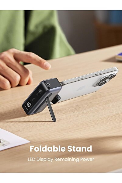 Ugreen Mini Power Bank for iPhone, Foldable Kickstand, Built-in USB-C Connector, 5000mAh, 22.5W 2 Ports