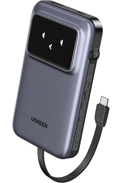 Ugreen Uno Power Bank with Built-in USB-C Cable, 10000mAh, PD 30W, 3-Way Output with
TFT Display