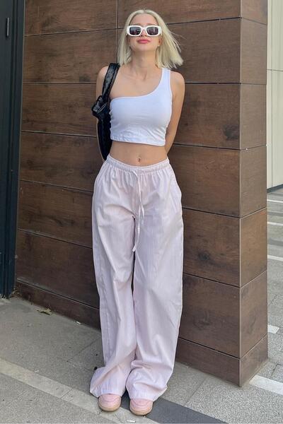 Madmext Pudra Beli Ayarlanabilir Bol Paça Dökümlü Çizgili Pantolon MG2087