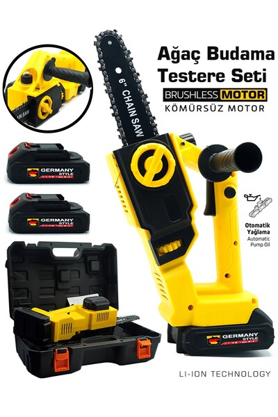 Germany Style Pro Kömürsüz Motor Otomatik Yağlamalı Mini Şarjlı Dal Budama Testeresi