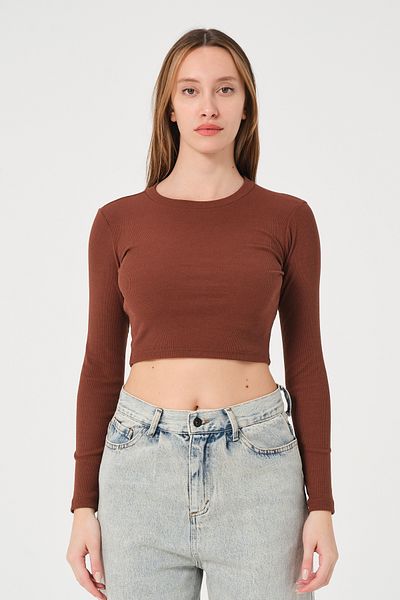 PUNKY CAT Women's Brown Long Sleeve Ribbed Blouse Crop Knitted T-Shirt