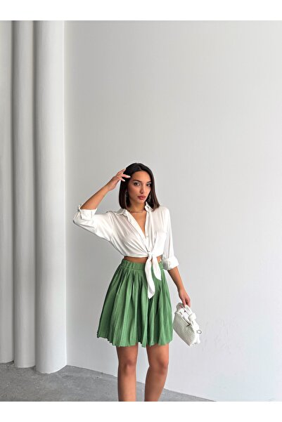 BEJNA Fusta mini cu pliuri cu textura modal verde pentru femei