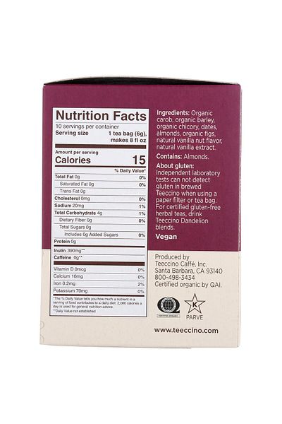 Teeccino Vanilla Nut Herbal Tea - Caffeine-Free, Prebiotic, 10 Tea Bags