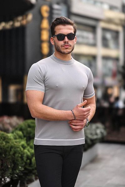 Pobudo Gray Color Knitwear Summer Men's T-Shirt