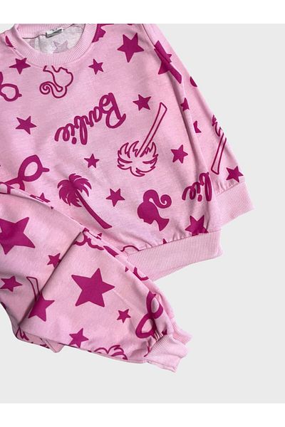 ALİŞ KİDS Girl's Cotton Pink Star Palm Tree Patterned Long Sleeve Seasonal Pajama Set