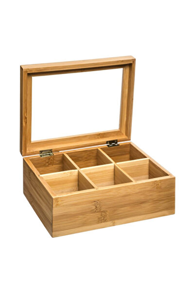 Five Simply Smart 6-Compartment Rectangular Wooden and Glass Tea Box