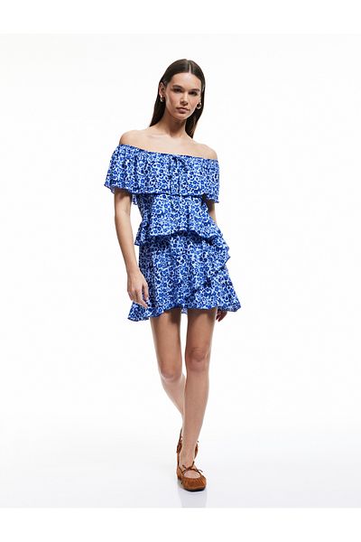 Koton Mini Jumpsuit Wrap - Open Shoulder, Flounces and Floral Design