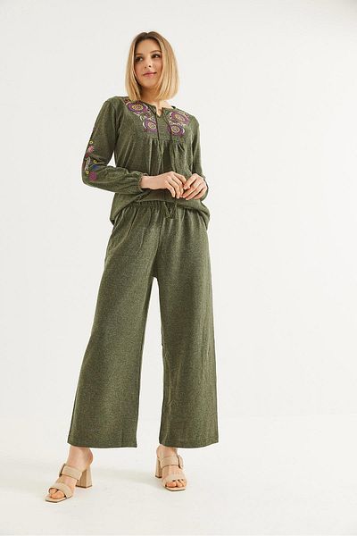 CALİENTE Hera Fabric Front and Sleeves Embroidered Double Suit Khaki