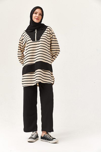 CALİENTE Zippered Striped Shirt Collar Suit Black