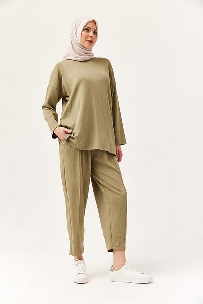 CALİENTE Relaxed Cut Crew Neck Double Suit Khaki