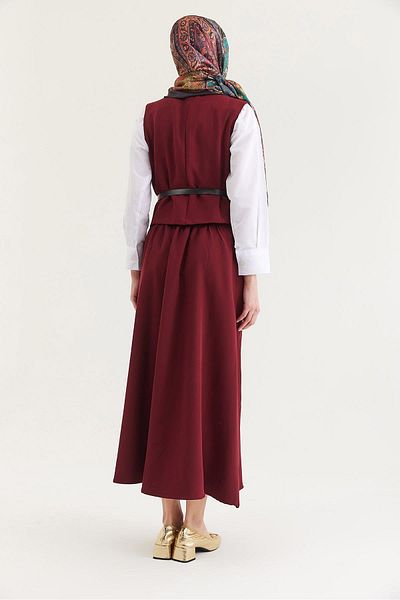 CALİENTE Belt Detailed Skirted Double Suit Claret Red