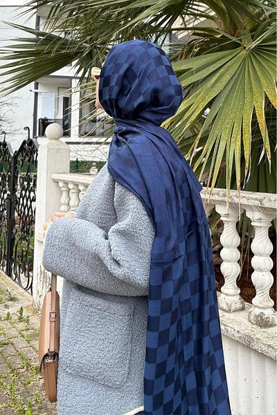 carell Ahyabe's Choice Checkers Jacquard Italian Silk Shawl Dark Navy