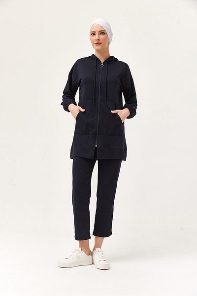CALİENTE Women's Hooded Zippered Double Suit Navy Blue