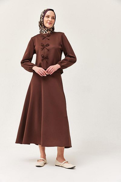 CALİENTE Scuba Double Suit with Bow Front and Skirt Brown