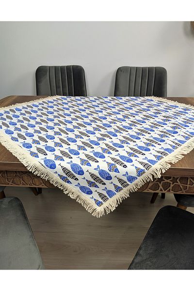 TUNCAY TEKSTİL Fiskos with Blue Fish Carefree Liquid Proof Erasable Featured Tablecloth