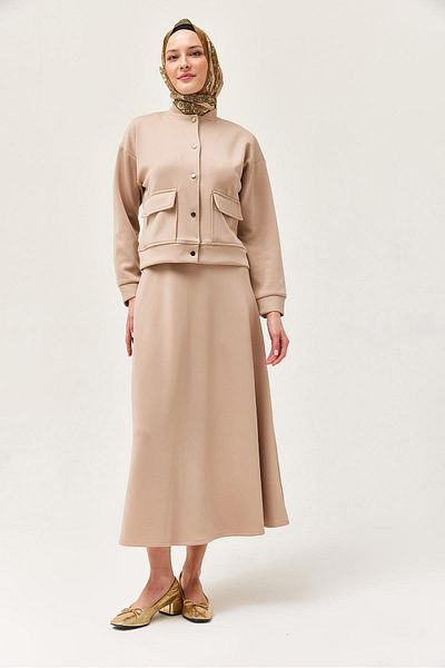 CALİENTE Scuba Double Suit with Metal Button Skirt Beige