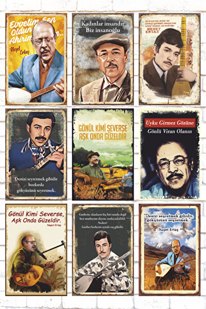 Hayat Poster 9 Parça Karışık Ahşap Tablo Seti halk müziği türkü neşet ertaş ozan retro ahşap posterleri
