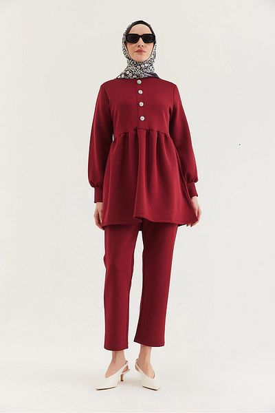 CALİENTE Stone Buttoned Scuba Double Suit Claret Red