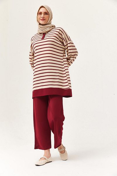 CALİENTE Buttoned Collar Striped Double Suit Claret Red