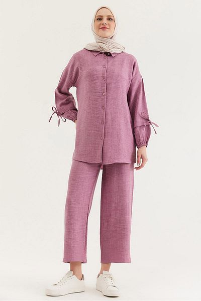 CALİENTE Sleeve Gathered Shirt Pants Double Suit Dusty Rose
