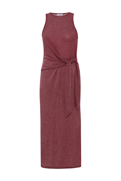 AQUELLA Lace-Up Slit Lurex Burgundy Long Dress