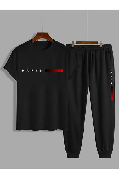 puolikuu Red Striped Paris Printed Oversize Tshirt - Tracksuit Set - Top and Bottom Set