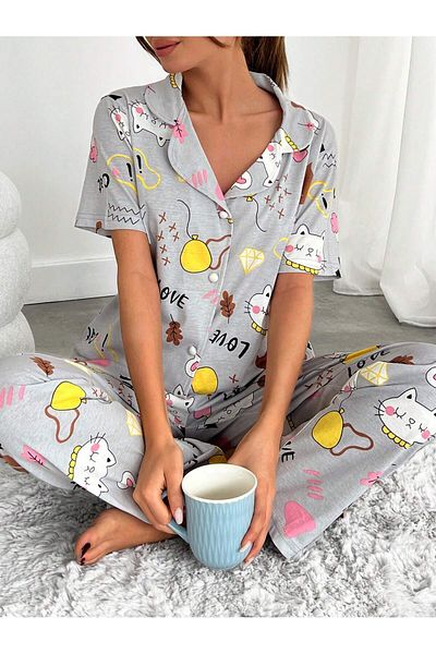 VG BOND MODA Print Buttoned Short Sleeve Single Jersey Women's Pajama Set - Vg138