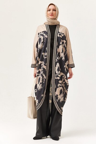 CALİENTE Oversize Şerit Detaylı Kimono Hırka Siyah