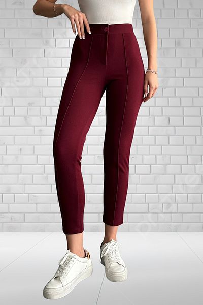 Muwen Butik Women's Burgundy Crepe Fabric Lycra Grass Tight Leg Tightening Trousers
