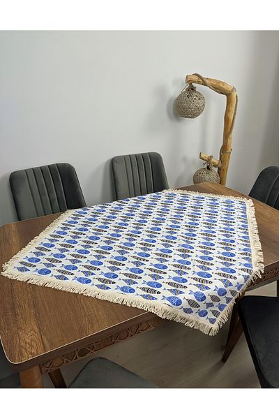 TUNCAY TEKSTİL Fiskos with Blue Fish Carefree Liquid Proof Erasable Featured Tablecloth