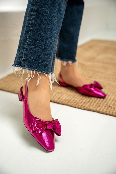 LAMİNTA Balerini de damă cu toc plat cu fundă fucsia Heju