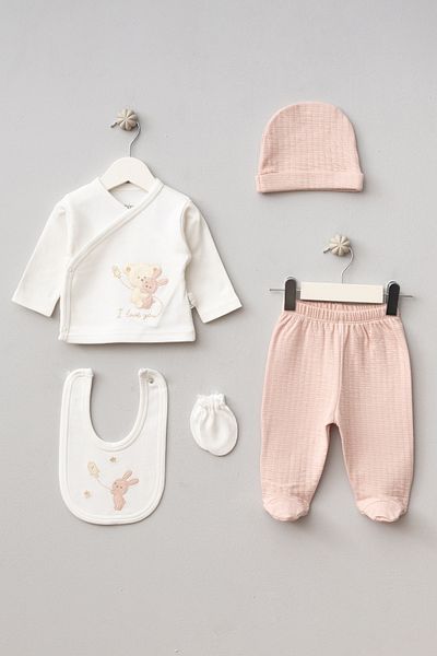 Bebitof Hugging Teddy Bear Patterned 5 Piece Newborn Hospital Outfit Set
