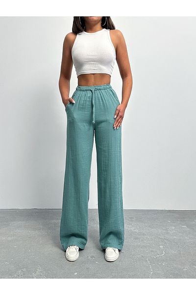 BEJNA Women's Mint Green Muslin Palazzo Trousers