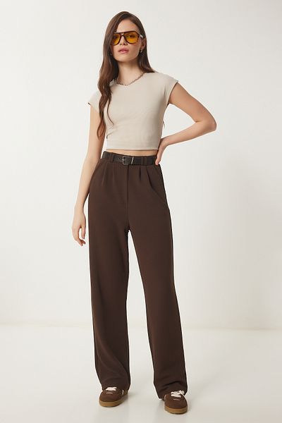 Lovelyİstanbul Belted Comfortable Palazzo Knitted Trousers Brown Lrv0093