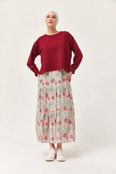 CALİENTE Floral Patterned Skirted Double Suit Claret Red