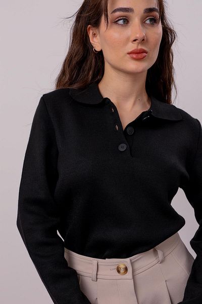 FACETTE Pulover negru cu guler polo cu nasturi pentru femei