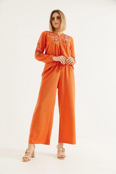 CALİENTE Hera Fabric Front and Sleeves Embroidered Double Suit Orange