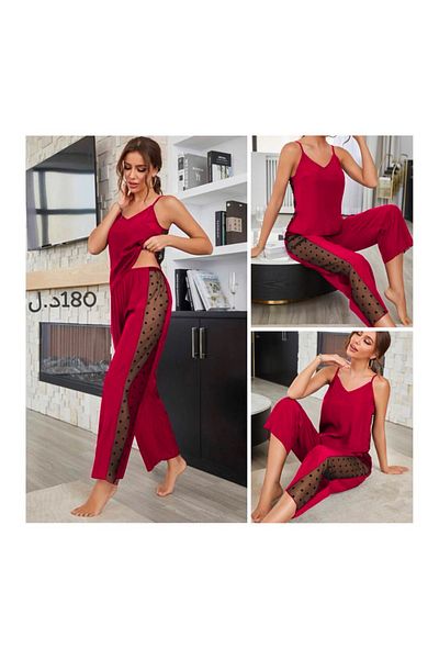 RoseOfNuit Transparent Detailed Polka Dot Cotton Nightgown Set