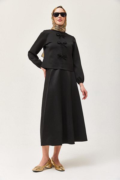 CALİENTE Scuba Double Suit with Bow Front and Skirt Black